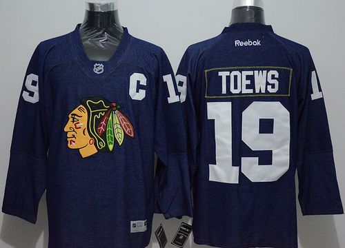 Blackhawks #19 Jonathan Toews Navy Blue Denim Stitched NHL Jersey - Click Image to Close